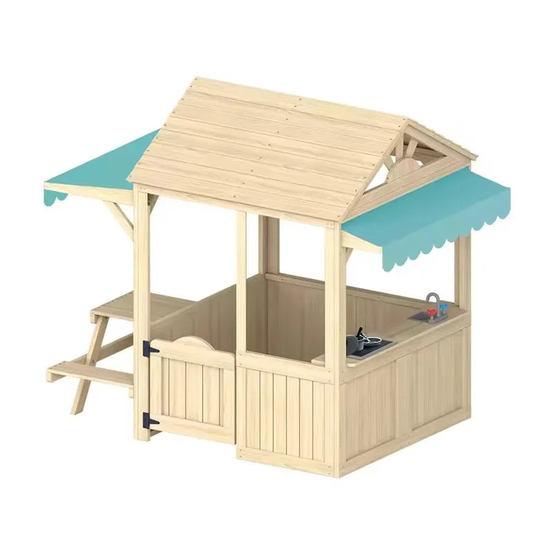 Wood Kids Play House Wooden Children Playhouse Outdoor Kids Playhouse with Play Kitchen Snack Bar Window Picnic Bench