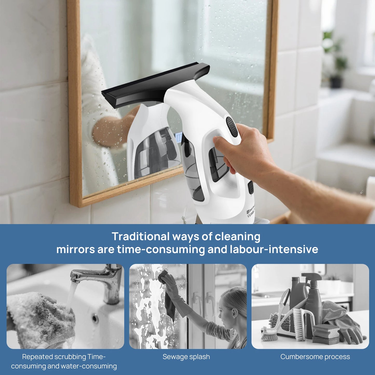 Cordless Window Vac Cleaner & Spray Bottle with Microfibre Cloth, Rechargeable Battery,for Windows, Tiles, Mirrors Cleaning