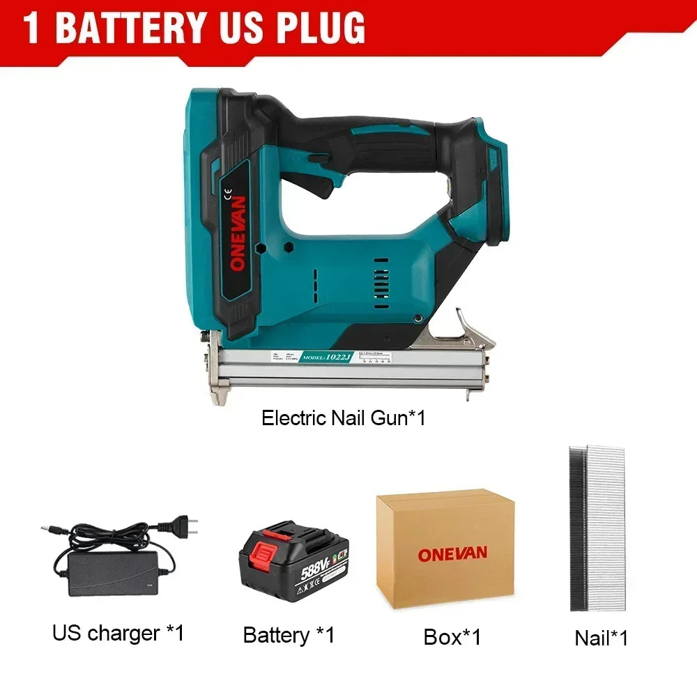 ONEVAN 1022J 2Gears Brushless Cordless Electric Nailer Stapler Furniture Staple Gun Woodworking Tools For 21V 18v Battery