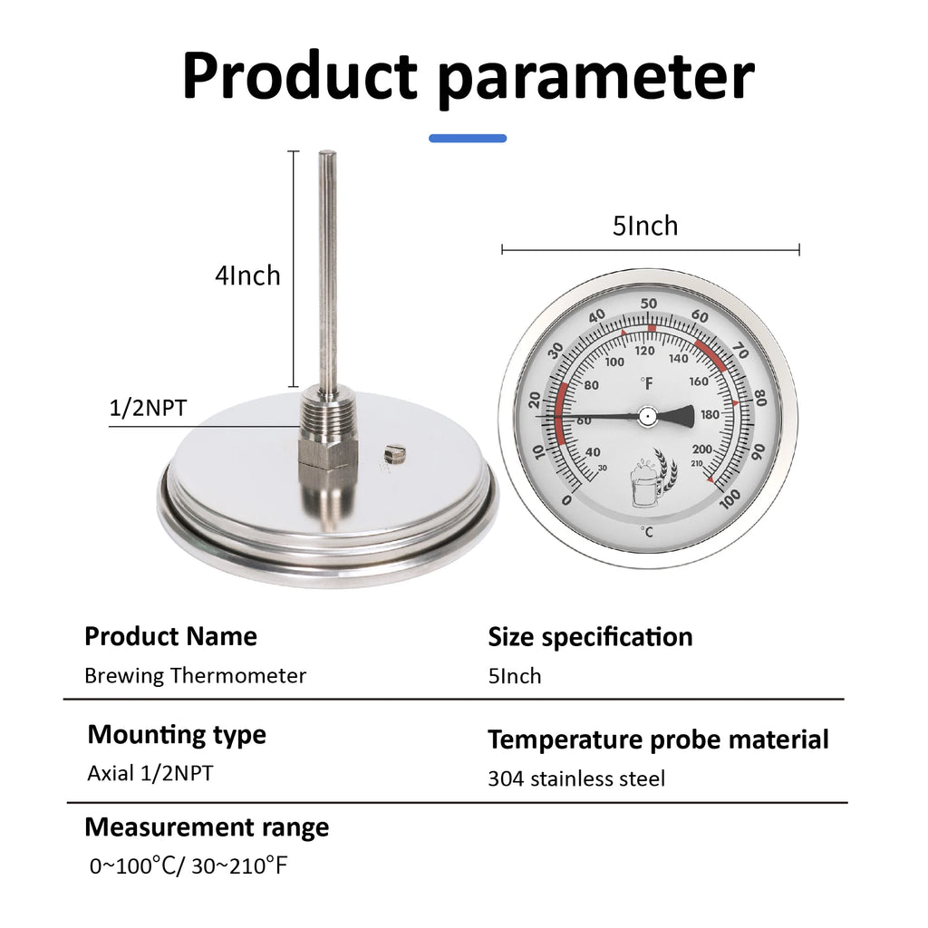 Stainless Steel Dial Bimetal Probe Thermometer Household Boiler Brewing Distilled Water Alcohol Thermometer Accessories