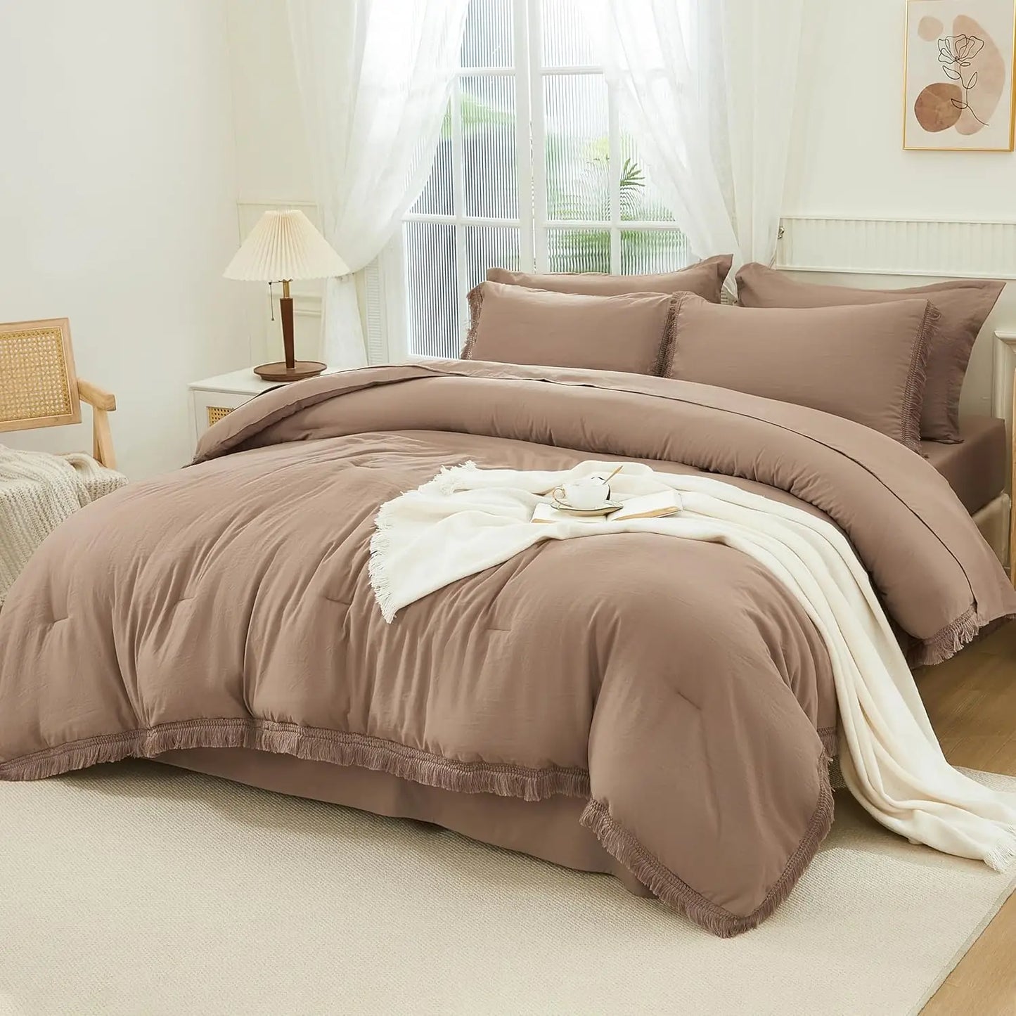 Comforter Set King Size, with Sheets 7 Pieces Boho Tassel Bed in a Bag Soft Lightweight Bedding Sets, All Season Fringe Bed Set