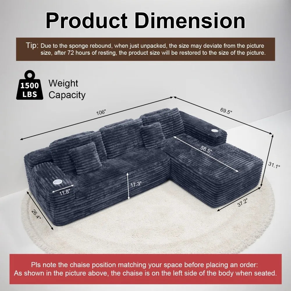 Modern Cloud Sectional Sofa with L-Shape Chaise | Deep Seat Design, Built-in Cup Holder & Storage Pocket, No Assembly Required