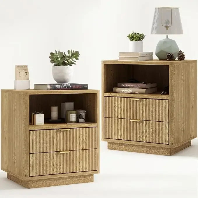 Fluted Nightstands Set of 2, Brown Night Stands with 2 Drawers and Open Shelves, Wooden Bedside Table Modern Design End Table
