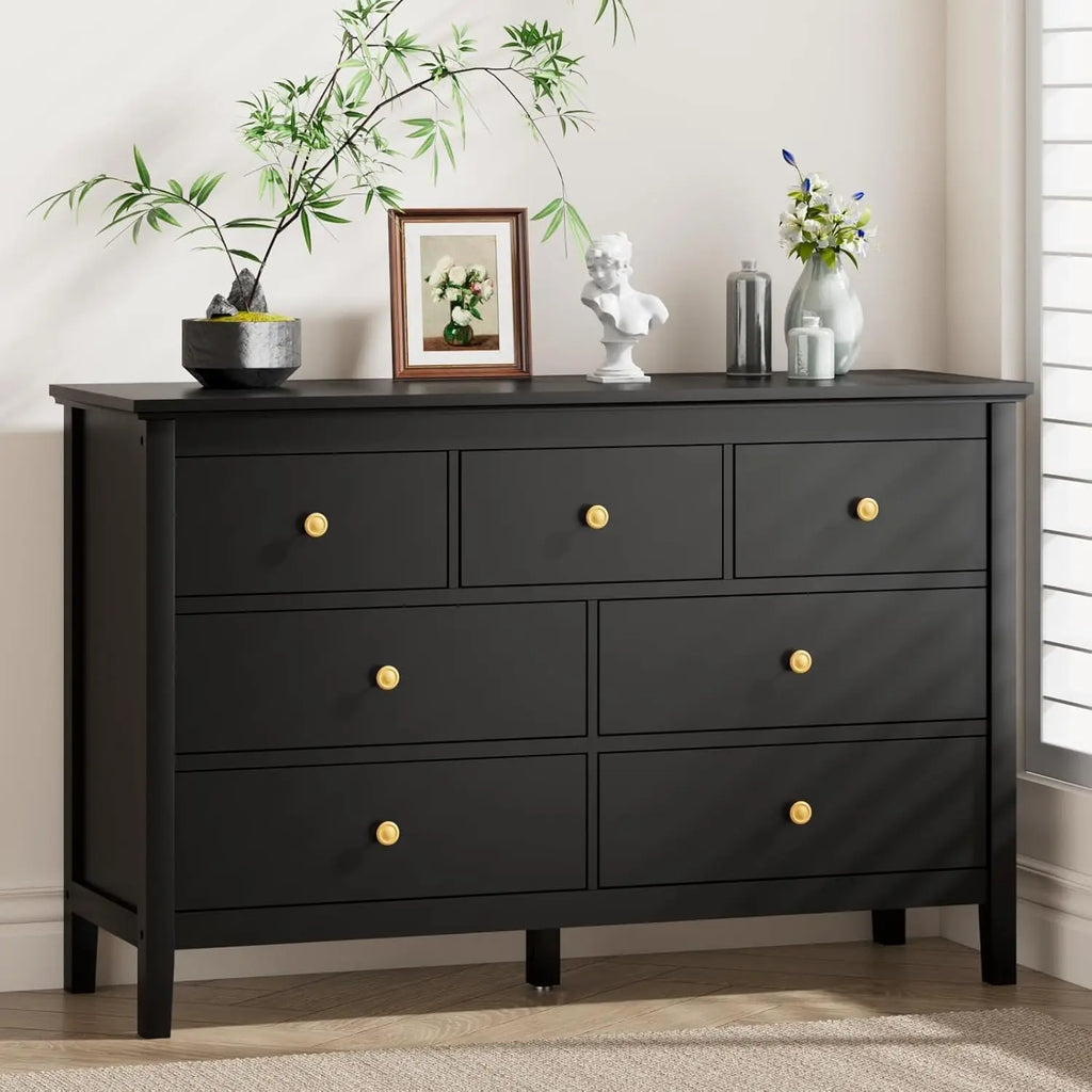 7 Drawers Dresser for Bedroom, Black Dressers & Chests of Drawers with Gold Handles and 7 Large Drawer, Wooden Storage Cabinet
