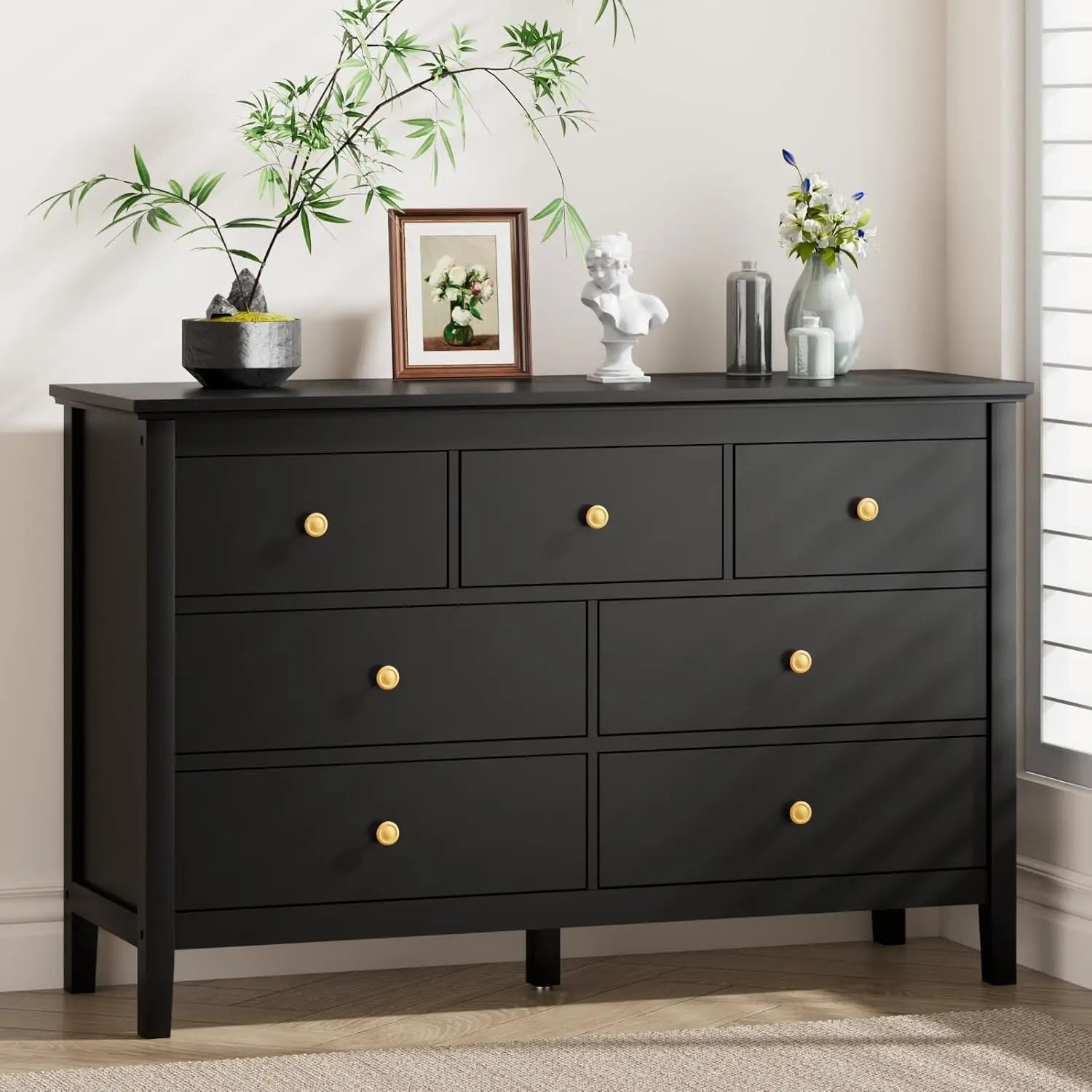 7 Drawers Dresser for Bedroom, Black Dressers & Chests of Drawers with Gold Handles and 7 Large Drawer, Wooden Storage Cabinet