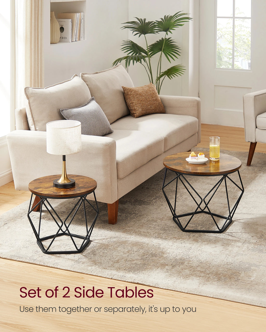 VASAGLE Small Coffee Table Set of 2, Round Coffee Table with Steel Frame, Side End Table for Living Room, Bedroom, Office