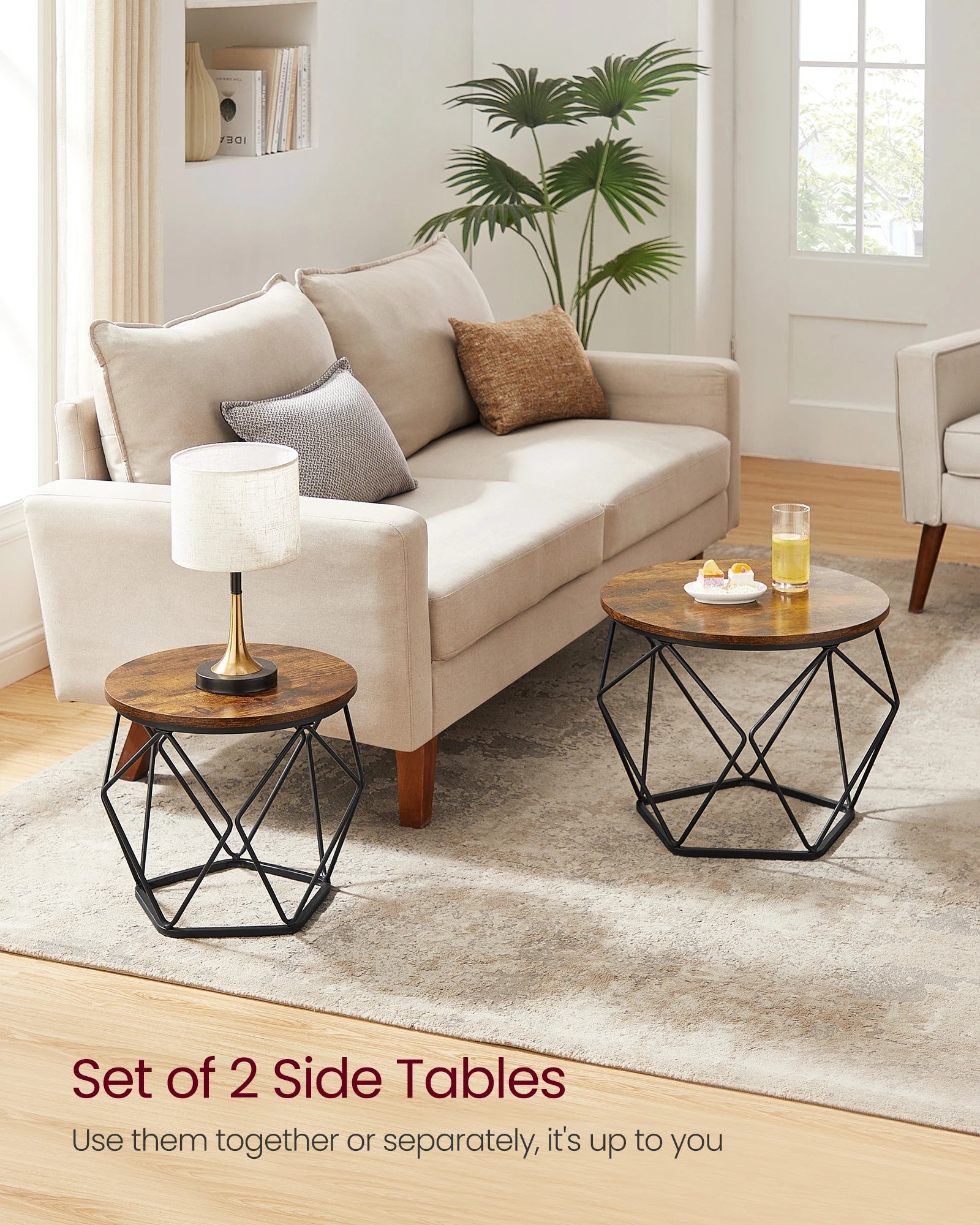 VASAGLE Small Coffee Table Set of 2, Round Coffee Table with Steel Frame, Side End Table for Living Room, Bedroom, Office