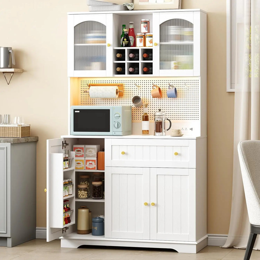 71" Kitchen Pantry Cabinet with Microwave Shelf & Door Shelves, Kitchen Hutch with Outlet & LED Light, Wood Pantry Storage