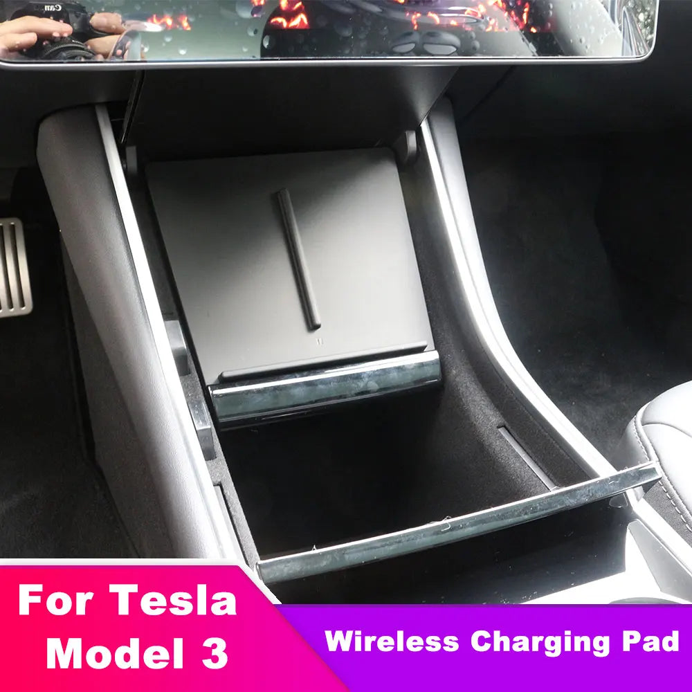 For tesla model 3 17-20 Carbon Fiber ABS Fast Wireless Phone Charger Dual USB Ports Center Console Fast Charging Pad