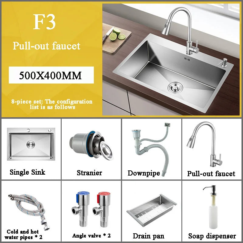 Stainless Steel Kitchen Sink Farm House Above Counter Undermounter Single Bowel Wash Basin with Faucet Drain Kitchen Accessories