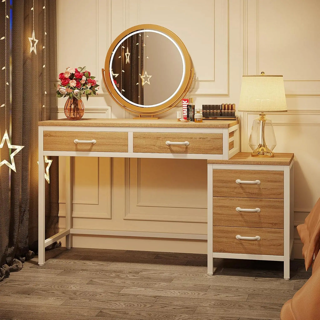 Vanity Desk with 5 Drawers, Makeup Vanity Table Dressing Table with Side 3-Drawer Chest (Without Mirror)for Women, Girls