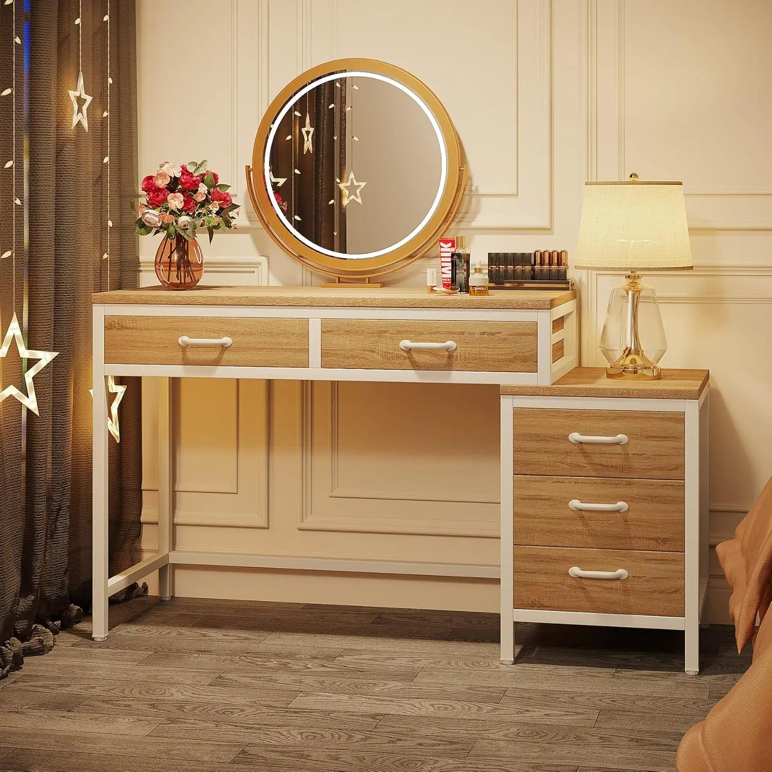 Vanity Desk with 5 Drawers, Makeup Vanity Table Dressing Table with Side 3-Drawer Chest (Without Mirror)for Women, Girls