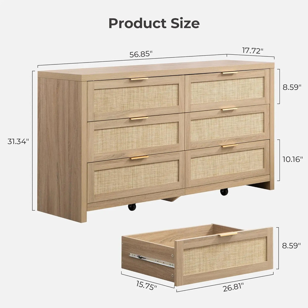 Rattan Dresser for Bedroom, 56.9" Wide 6 Drawer Dresser with Ample Storage, Dressers Large Chest of DrawersCloset, Boho TV Stand