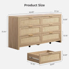Rattan Dresser for Bedroom, 56.9" Wide 6 Drawer Dresser with Ample Storage, Dressers Large Chest of DrawersCloset, Boho TV Stand