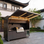 Customized luxury villa outdoor kitchen modular cabinets with barbecue gas stove and electric telescopic storage shed