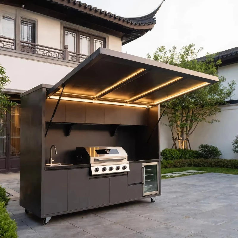 Customized luxury villa outdoor kitchen modular cabinets with barbecue gas stove and electric telescopic storage shed