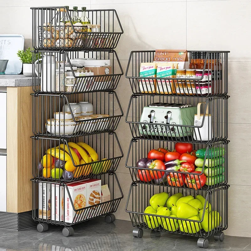 Kitchen Multi-Layer Storage Cart Floor Movable Shelf Fruit and Vegetable Basket Snack Toy Rack Adjustable Storage