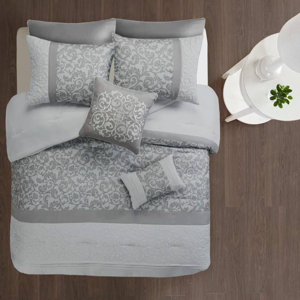 Embroidered 8 Piece Comforter Set Grey Queen