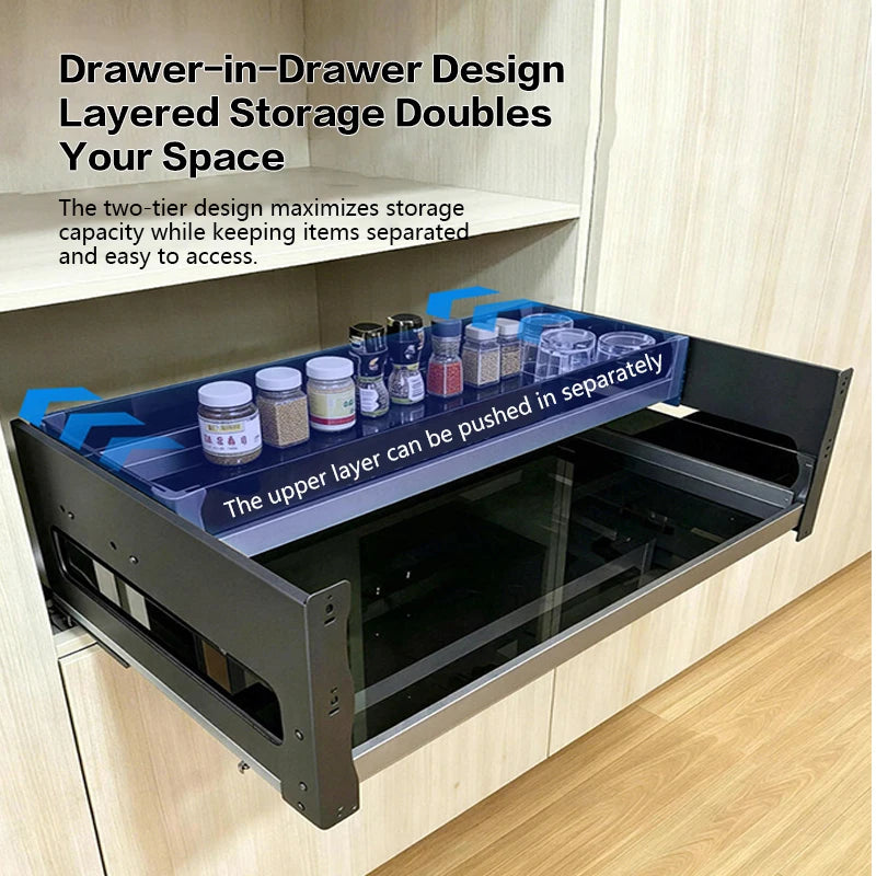 Kitchen Cabinet Pull Out Double Layer Basket 304 Stainless Steel Half Drawer Under Cooktop Organizer Space Saving Durable