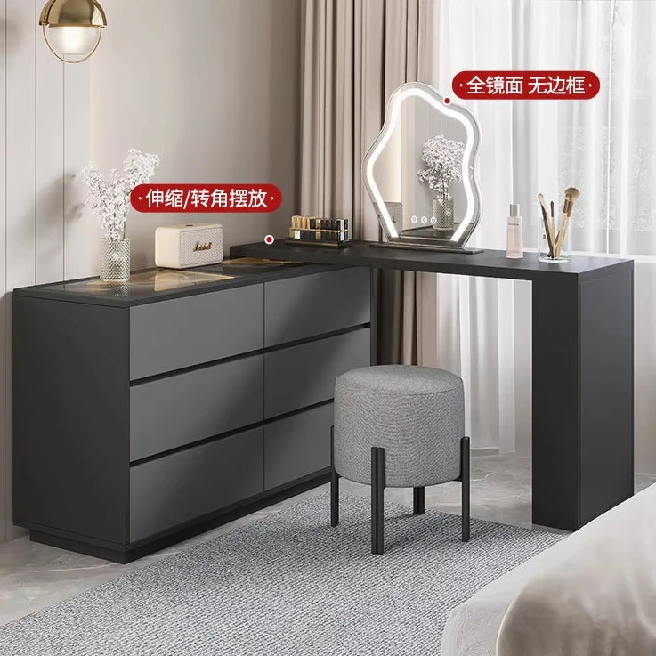 Minimalist Extendable Dresser Integrated Glass & Solid Wood Large Round Mirror 6-drawer For Makeup Table Bedroom