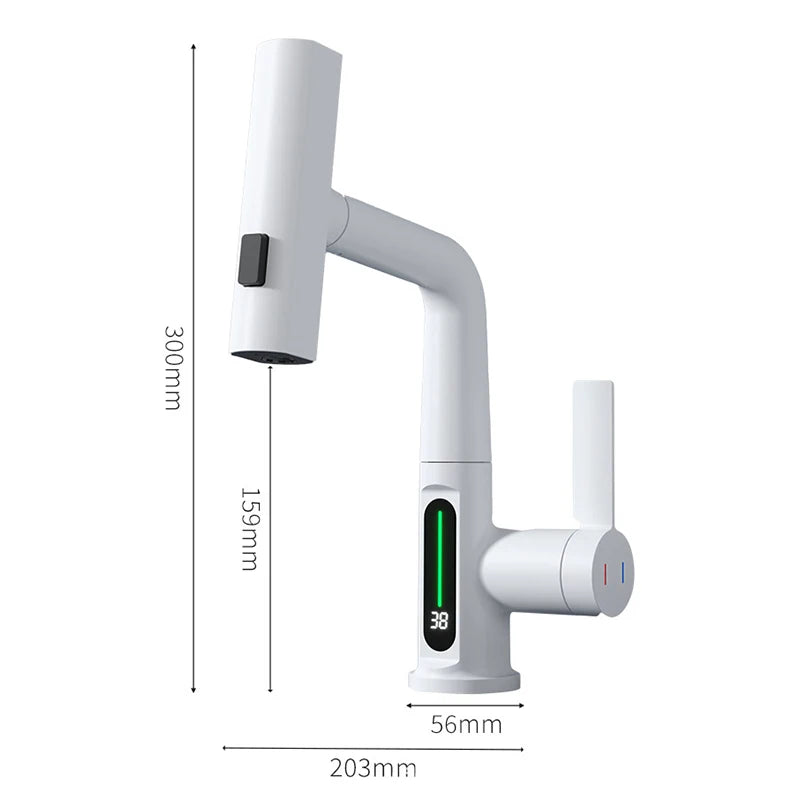 Smart Digital Display Basin Faucet 3 Function Pull Out Waterfall Spout Deck Mount Cold Hot Water Mixer Liftable Sink Crane Tap