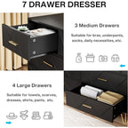 Dresser for Bedroom, 7 Drawer Black Wooden Dresser with Gold Handles, Modern Storage Dressers & Chests of Drawers for Hallway,