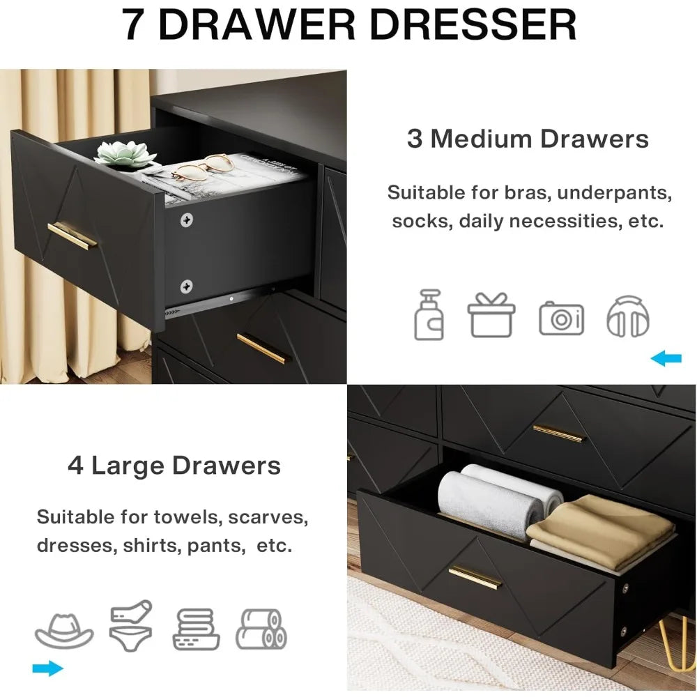 Dresser for Bedroom, 7 Drawer Black Wooden Dresser with Gold Handles, Modern Storage Dressers & Chests of Drawers for Hallway,