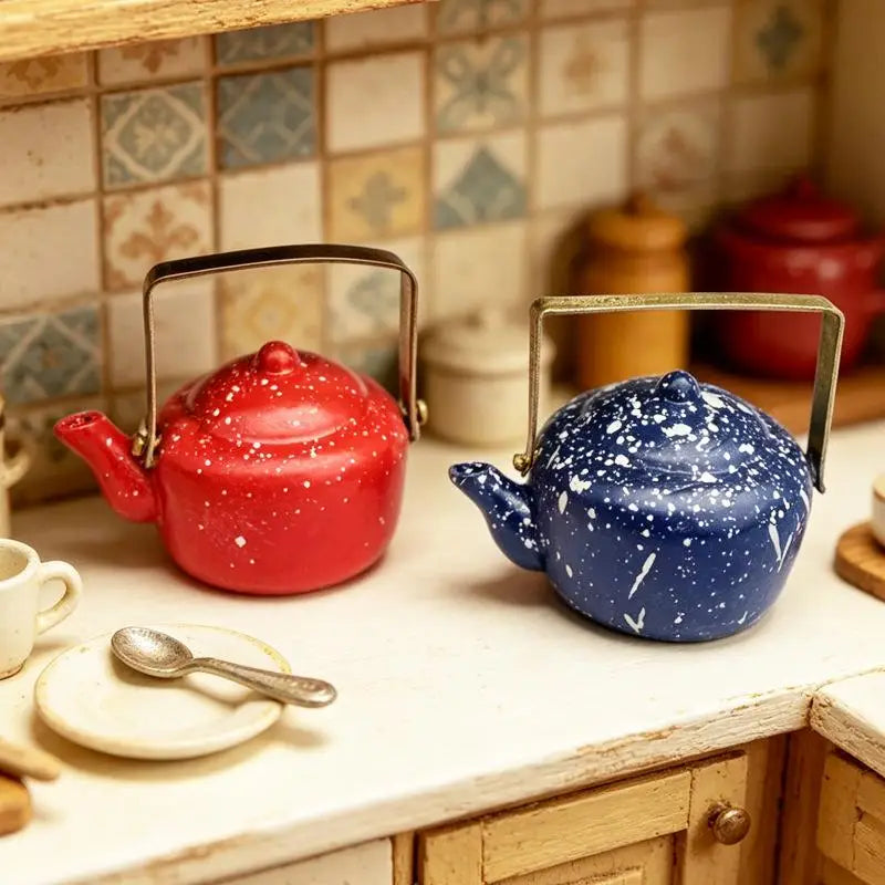 1Pcs Dolls House Kitchen Furniture Vintage Teapot Ornament 1:12 Miniature Retro Enamel Kettle Dollhouse Kitchen Food Accessories