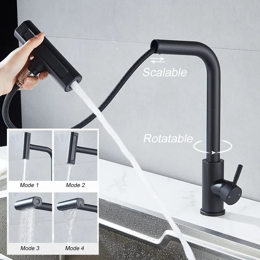 4-Mode Black Pull-Out Kitchen Faucet | RV & Home Hot/Cold Sink Faucet