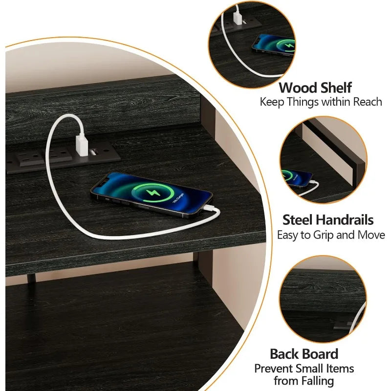 Night Stand with Charging Station, Black Nightstand with Drawers and Led Light, Tall Dresser for Bedroom, Bedside Table