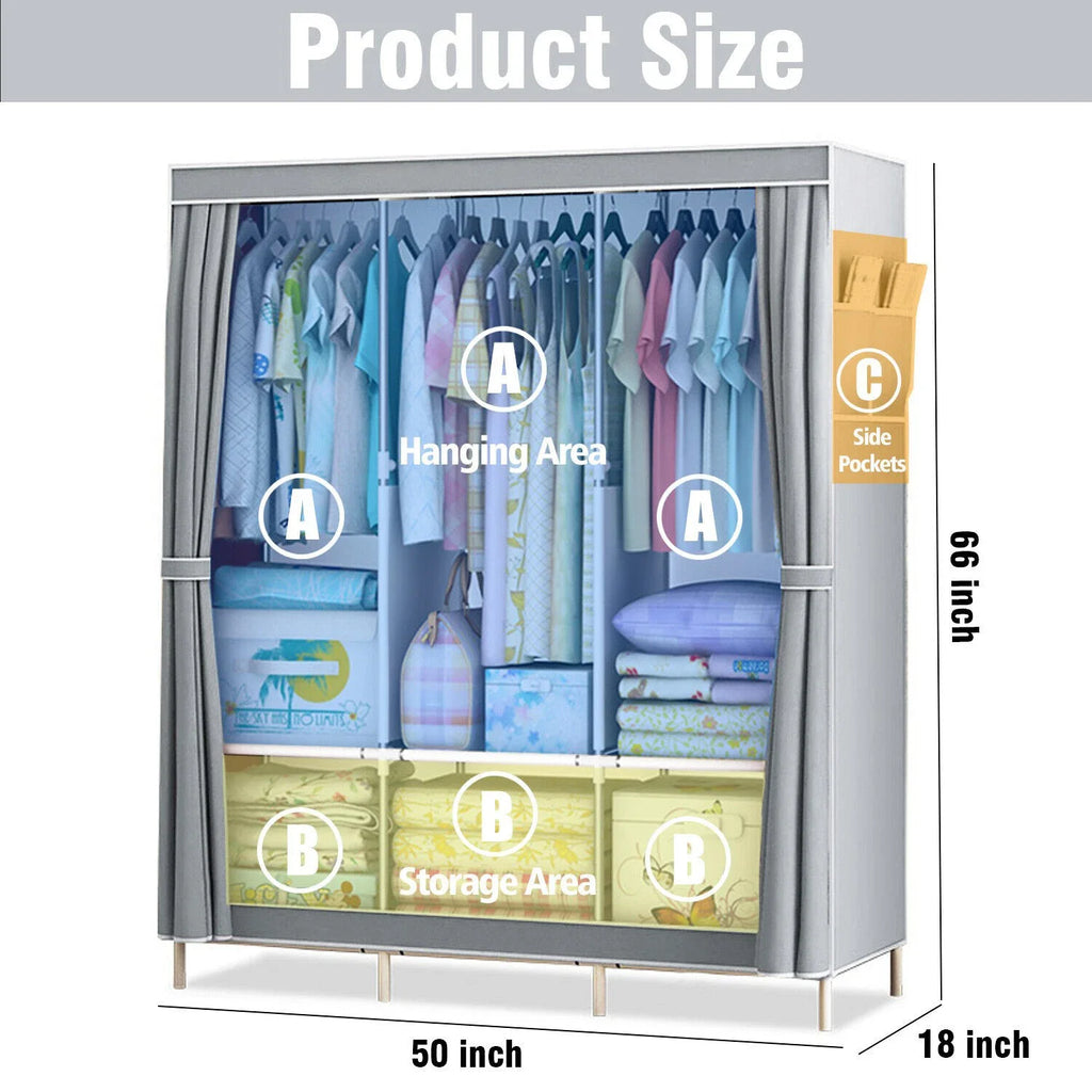 2025 New Upgraded Canvas Fabric Wardrobe Large Clothes Closet With Hanging Rail Shelving Clothes Storage Cupboard Gray