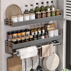 No Drill Kitchen Wall Mounted Spice Rack Space Saving Multifunctional Organizer with Hooks & Paper Towel Holder