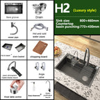 Stainless Steel Waterfall Kitchen Sink Extra Large Single Slot Digital Display Faucet Set Cup Washer Wash Basin 100*50cm