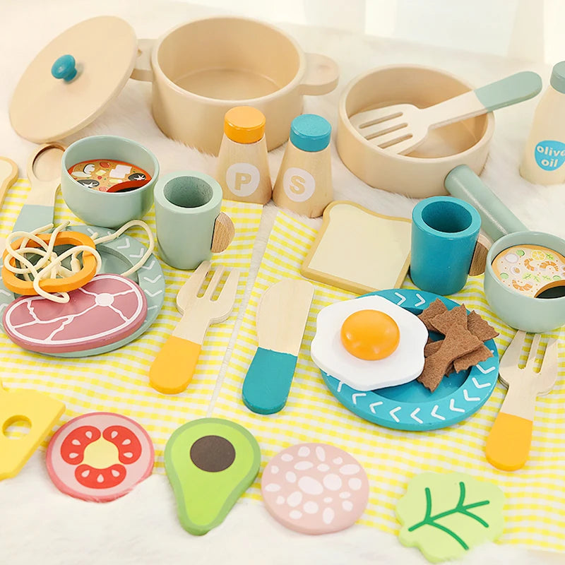Wooden children's simulation kitchen toys, early education educational toys, Cookware Pot Pan Cook Pretend Play, food, role-play