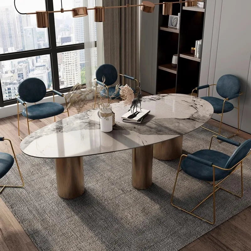 Italian Luxury Stainless Steel Dining Table, Oval Imported Stone Tabletop, Trending Villa Home Design, Corrosion/Heat/Easy-Clean