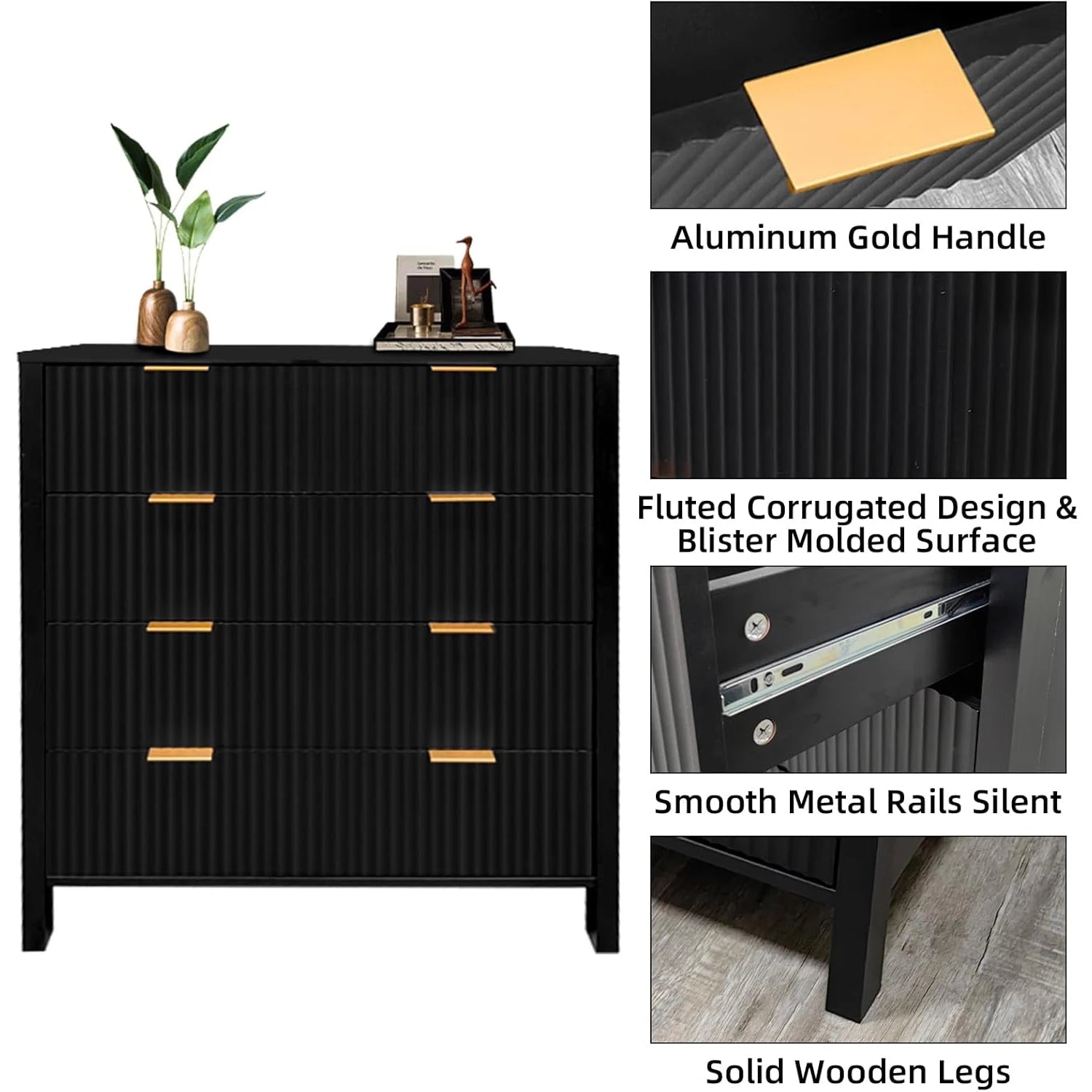 Fluted 4 Drawers Dresser Modern Chest of Drawers Wood Drawer Organizer with Waveform Fluted Panel for Bedroom Living Room
