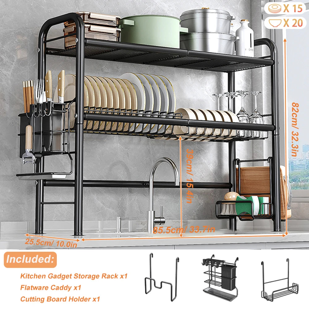2 Tier Over Sink Dish Drying Rack, Large Metal Kitchen Dish Rack with Utensil Holder, Space Saving Dish Drainer for Kitchen