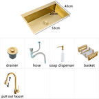 Gold Kitchen Sink Above Counter 304 Stainless Steel Single Bowl Goldn Basket Drainer Soap Dispenser Washing Basin