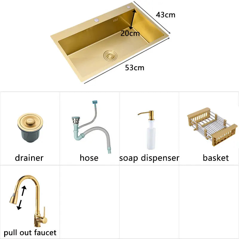 Gold Kitchen Sink Above Counter 304 Stainless Steel Single Bowl Goldn Basket Drainer Soap Dispenser Washing Basin