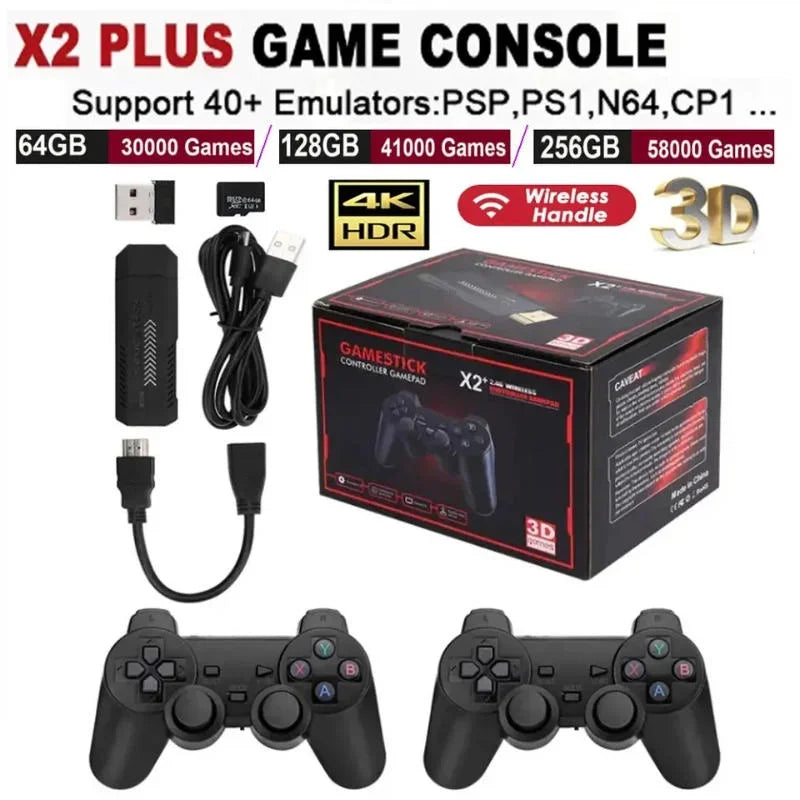 X2 Plus 4K Retro Game Console - 64/128/256GB Plug & Play Stick with 58000+ Games & Wireless Controller for PS1, N64, Dreamcast