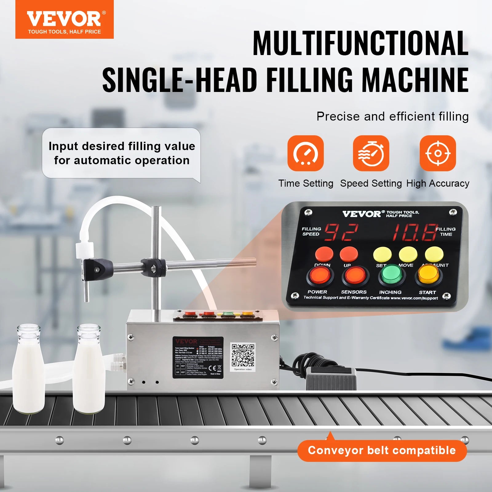 VEVOR 10-4000ml Liquid Filling Machine Automatic Bottle Filler Machine with Single Nozzle Digital Control for Milk Water Wine