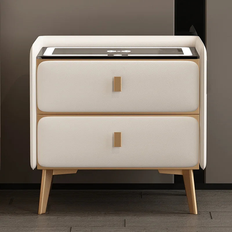 Smart Wooden Bedside Table Modern Style Multi-function Bedroom Nightstand with Wireless Charging Fingerprints Lock