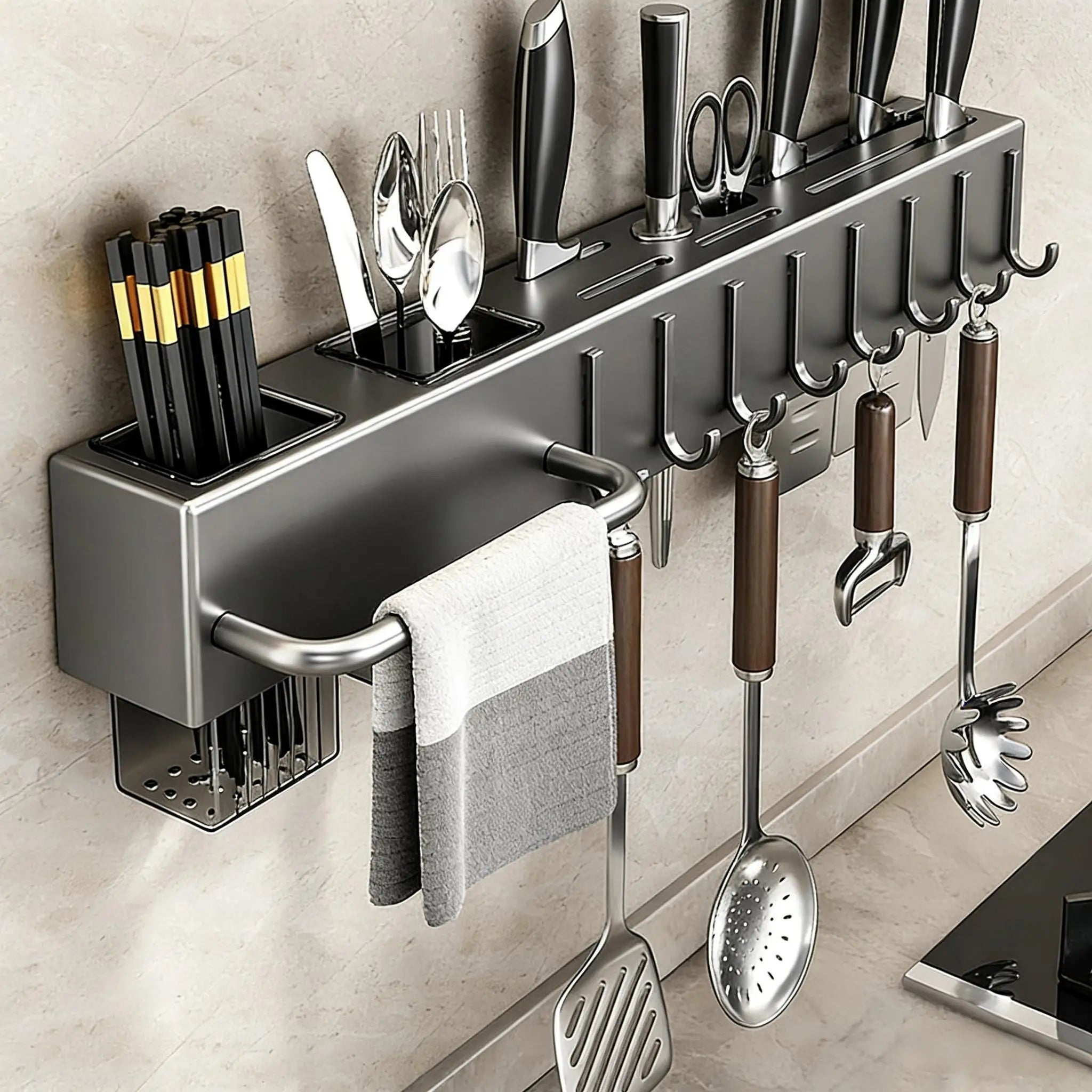 Heavy Duty Carbon Steel Wall Mounted Kitchen Organizer No Drill Knife Rack Kitchen Spoon Chopstick Barrel Multi-function Space S