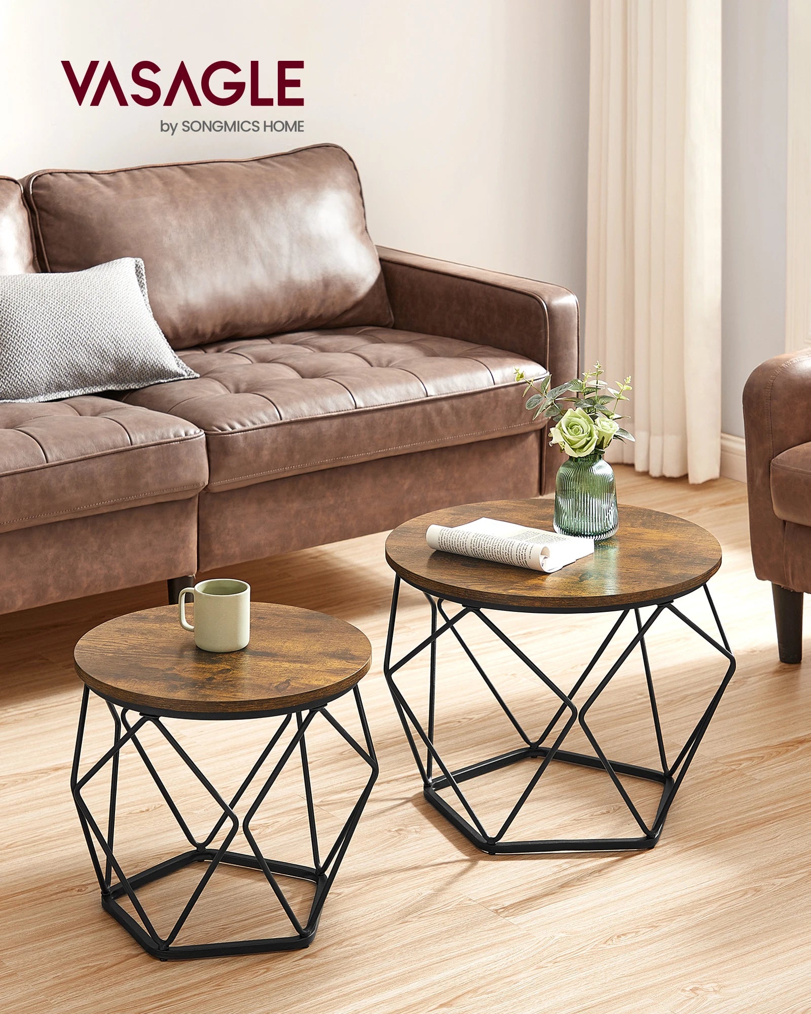 VASAGLE Small Coffee Table Set of 2, Round Coffee Table with Steel Frame, Side End Table for Living Room, Bedroom, Office