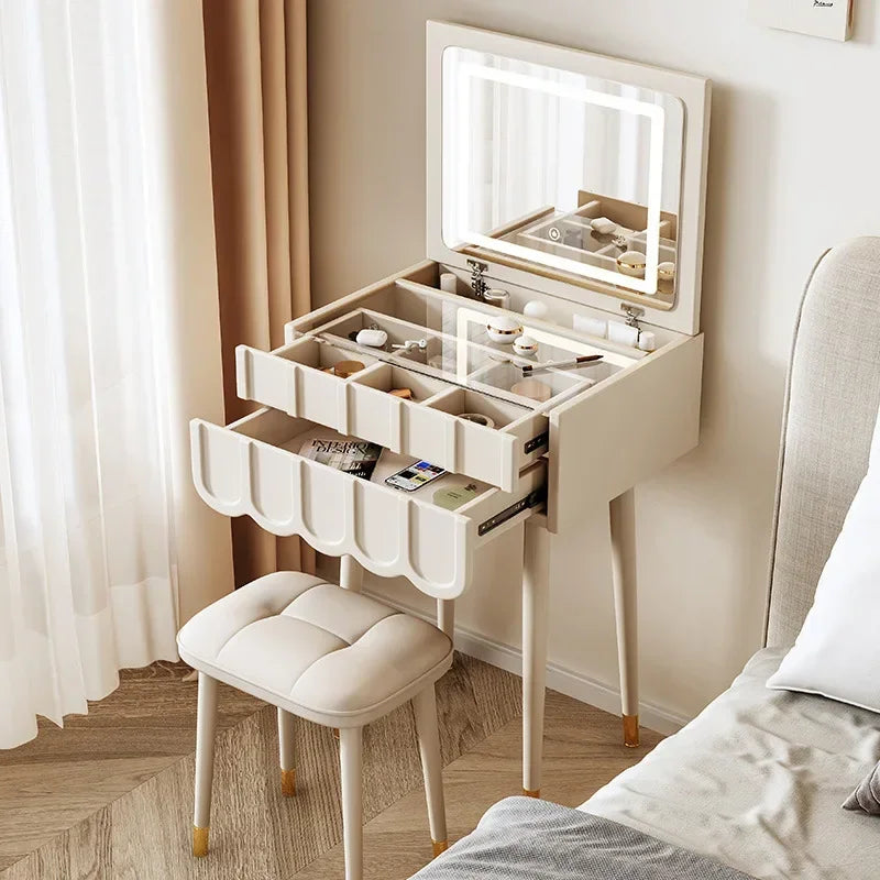 French Foldable Cover Dressing Table Simple Mini Storage Makeup Vanity Table with Mirror Modern Dressers for Bedroom Furniture