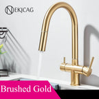 Gun Grey Dual Spout Kitchen Mixer Swivelling 360° Hot And Cold Water Mixer Pull-down Pure Water Faucet Twin-handle Kitchen Mixer