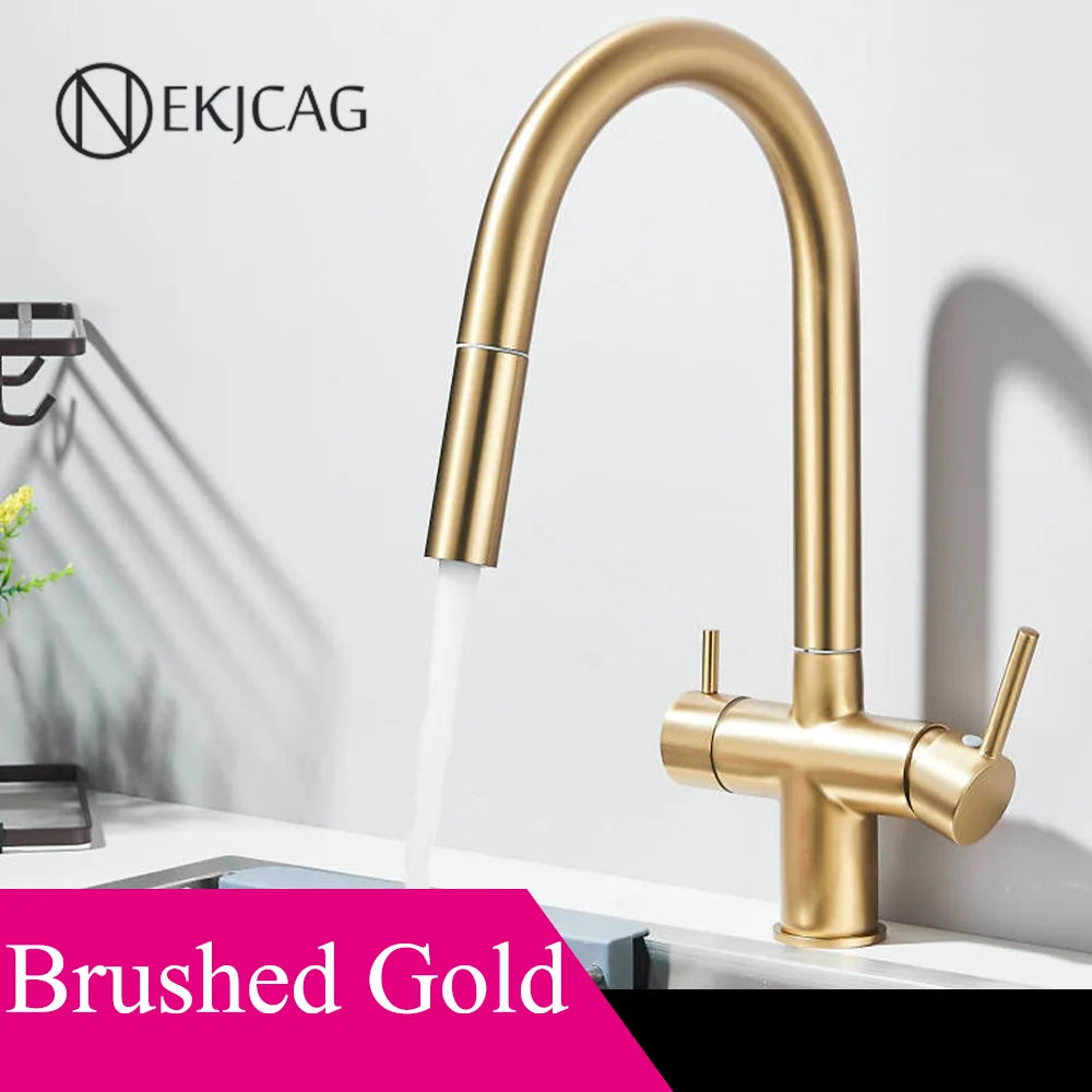 Gun Grey Dual Spout Kitchen Mixer Swivelling 360° Hot And Cold Water Mixer Pull-down Pure Water Faucet Twin-handle Kitchen Mixer
