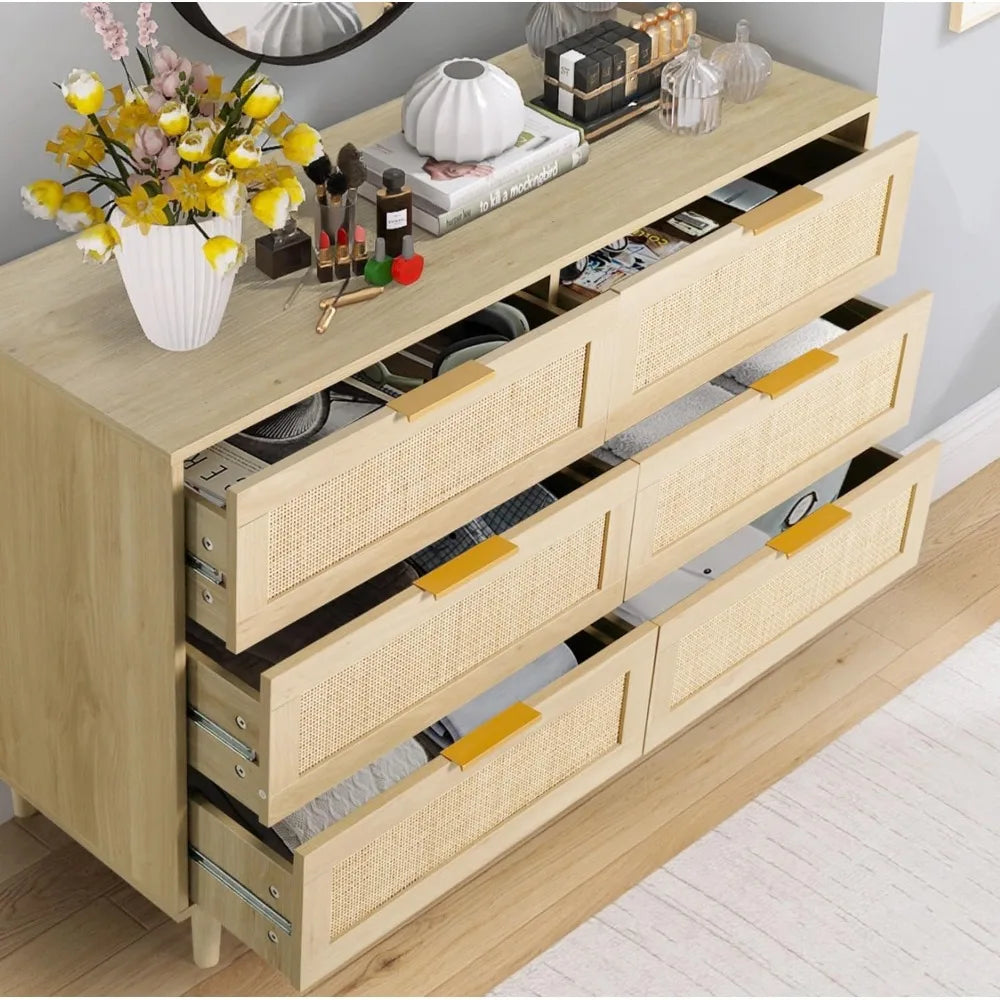 Rattan Dresser for Bedroom,Modern 6 Drawer Double Dresser with Gold Handles,Wood Storage Chest of Drawers fo Bedroom,Living Room