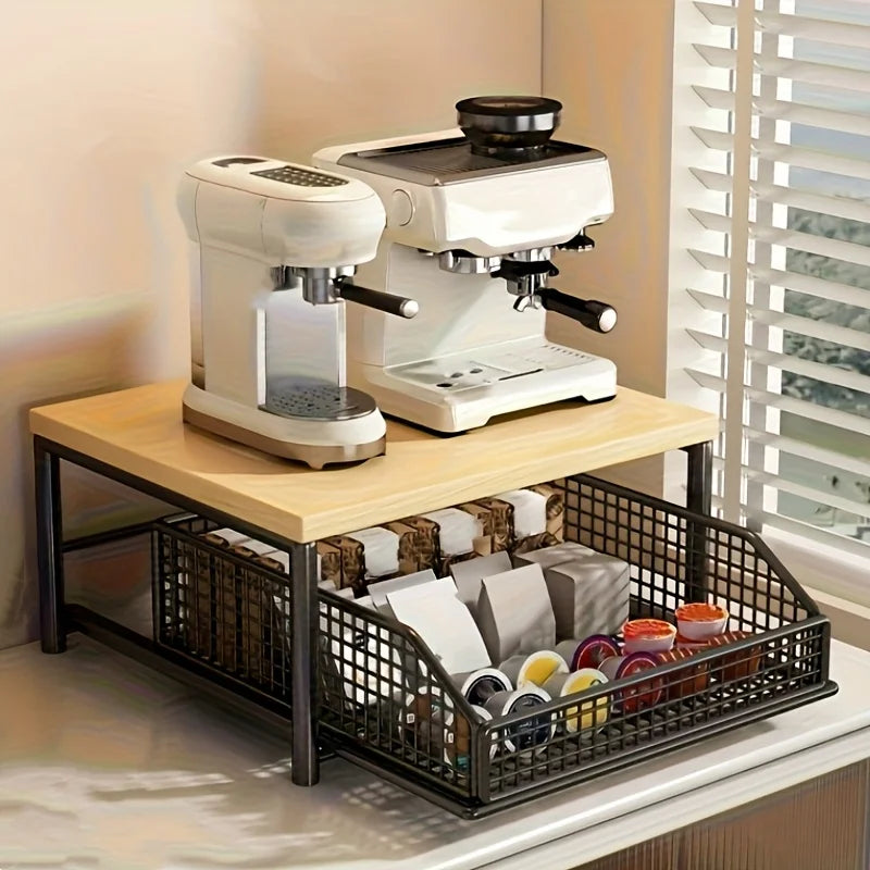 2-Tier Kitchen Countertop Storage Rack - with Drawers + Mesh Baskets Sturdy Solid Wood + Metal Material Space Saving Fits Coffee