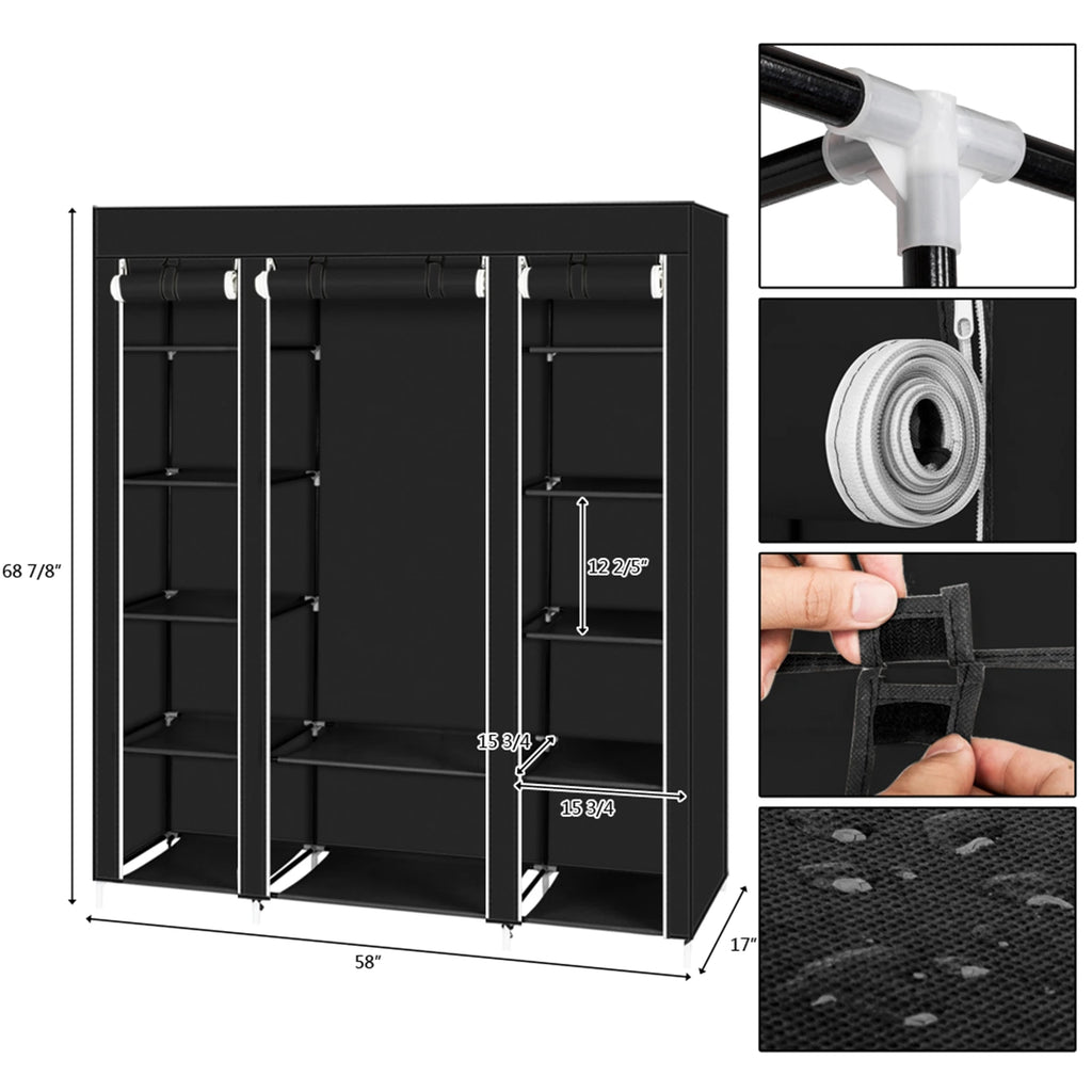"69" Portable Non-Woven Clothes Closet, Quick & Easy Assembly, Extra Strong & Durable Wardrobe Storage Organizer, Black."